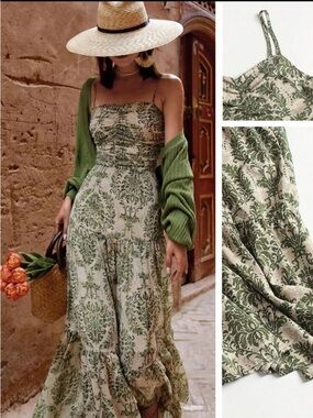 Green Floral Print Tiered Maxi Dress - Strappy Summer Dress